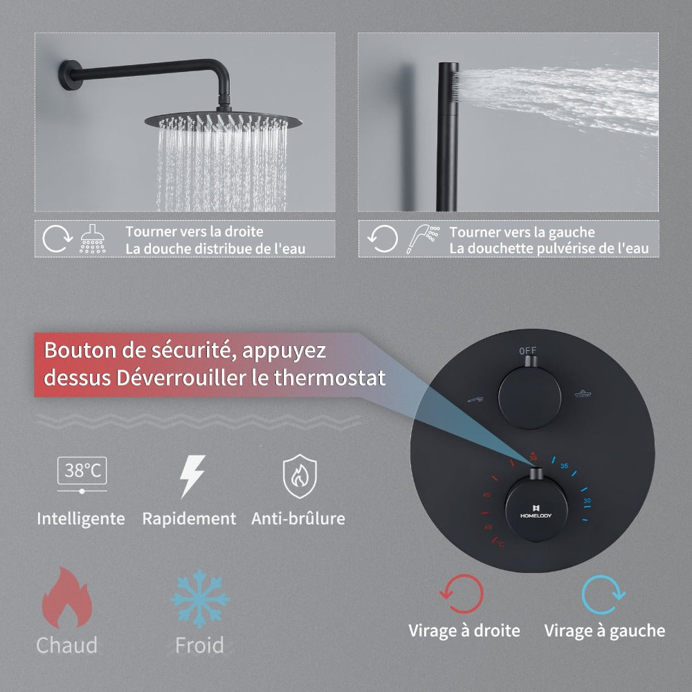 Ensemble de douche thermostatique encastré rond noir mat 38°C corps laiton avec douchette à main – Image 4