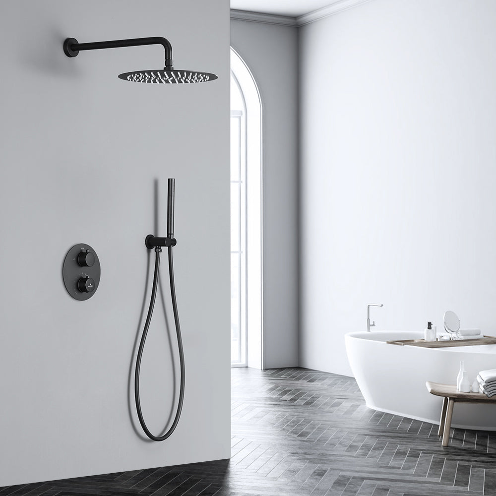 Ensemble de douche thermostatique encastré rond noir mat 38°C corps laiton avec douchette à main