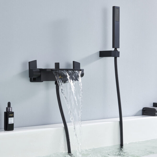 Mitigeur baignoire cascade noir avec douchette en laiton montage mural