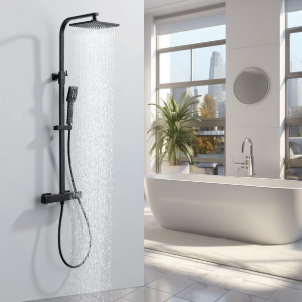 Colonne de douche thermostatique laiton noir réglable en hauteur avec mitigeur 38°C