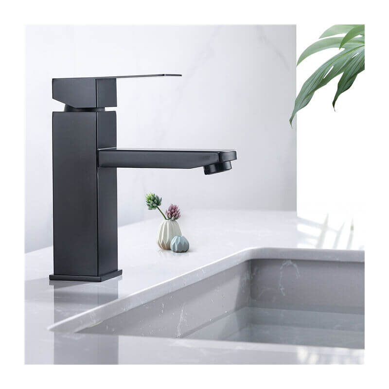 Mitigeur lavabo noir acier inoxydable avec poignée carrée moderne – Image 2