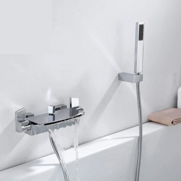 Mitigeur baignoire cascade chrome avec barre de douche et douchette laiton
