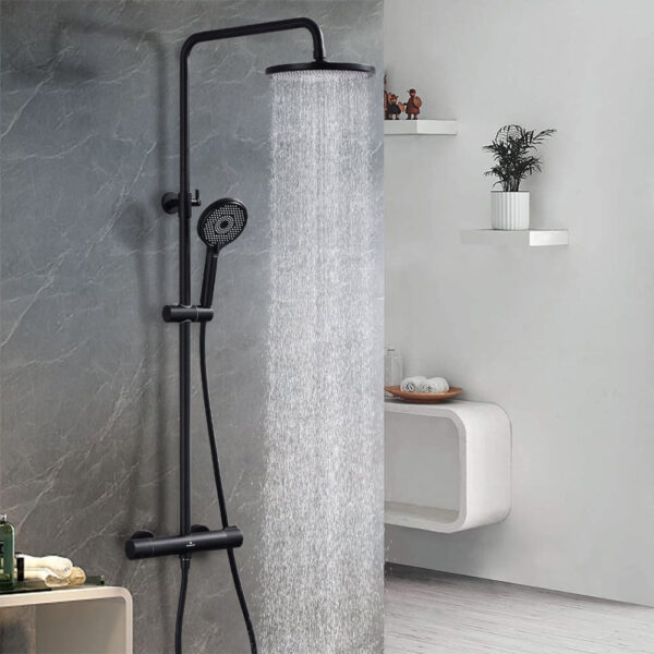 Colonne de douche thermostatique noire laiton avec barre et tête de douche 40°C