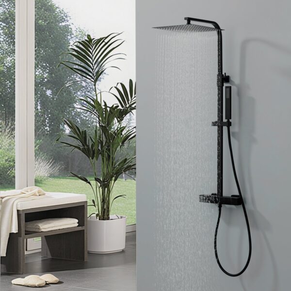 Colonne de douche thermostatique hauteur réglable avec jet de plafond carré 30 cm finition noir mat corps en laiton
