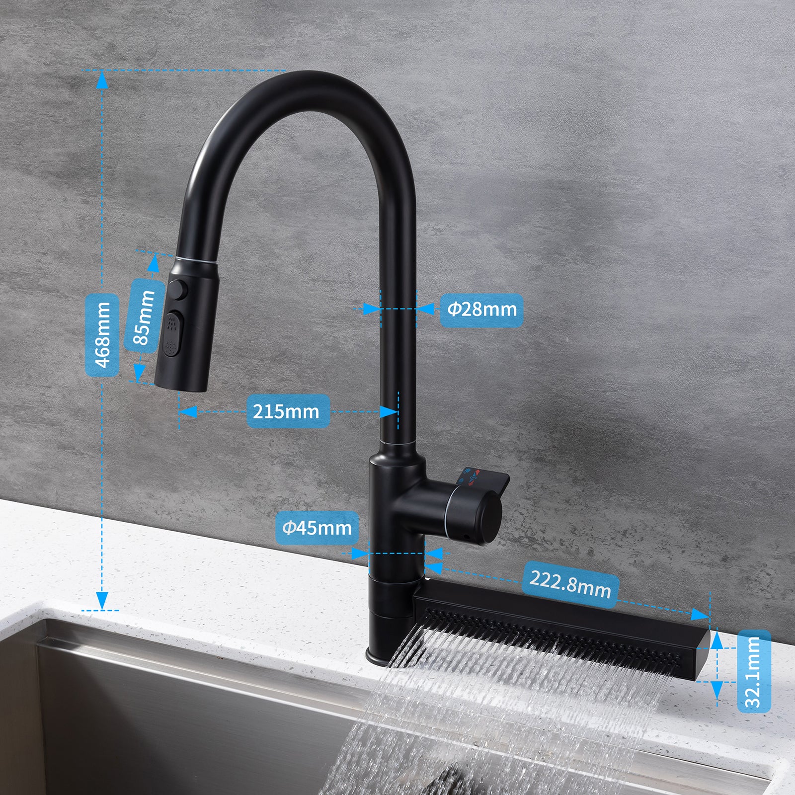 Mitigeur cuisine noir cascade avec douchette extractible 3 jets rotation 360° – Image 11