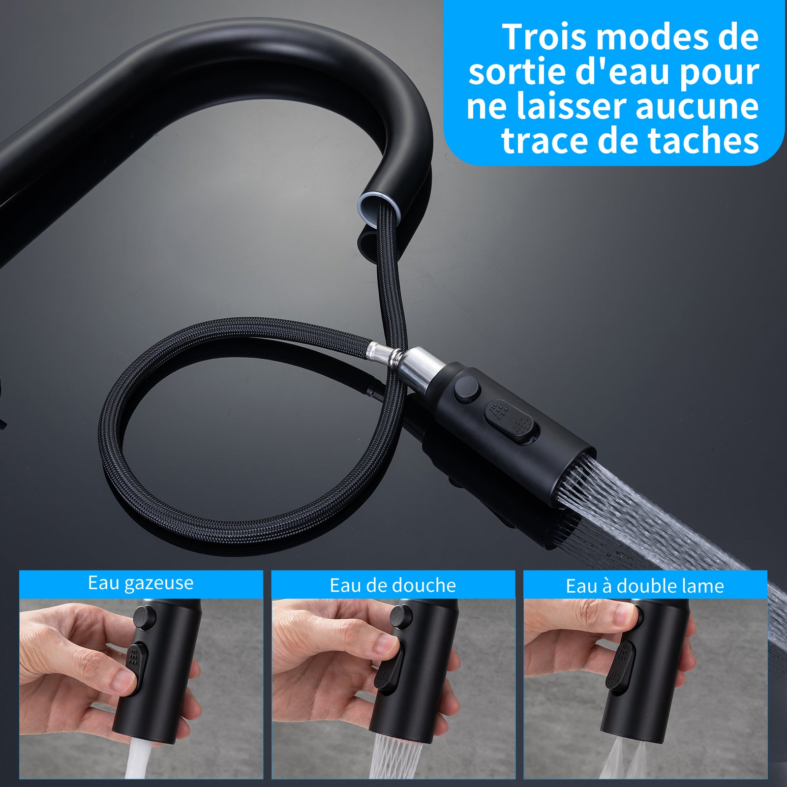 Mitigeur cuisine noir cascade avec douchette extractible 3 jets rotation 360° – Image 5