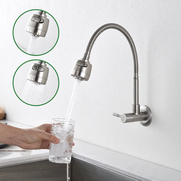 Robinet cuisine mural à ressort rotation 180° mitigeur eau froide double sortie