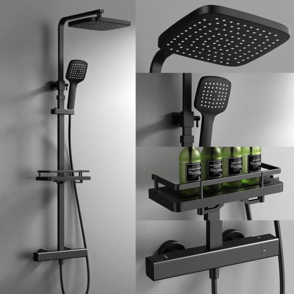 Système de douche thermostatique noir avec étagère hauteur réglable et sécurité 38°C