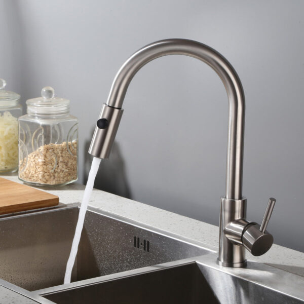 Robinet mitigeur cuisine escamotable bec pivotant 360° avec douchette extractible acier inoxydable