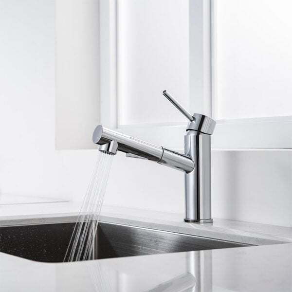 Robinet mitigeur cuisine extractible chromé rotation 120° douchette 2 jets