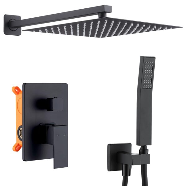 Système de douche encastré noir anti-brûlure avec pommeau effet pluie 30x30 cm et douchette laiton