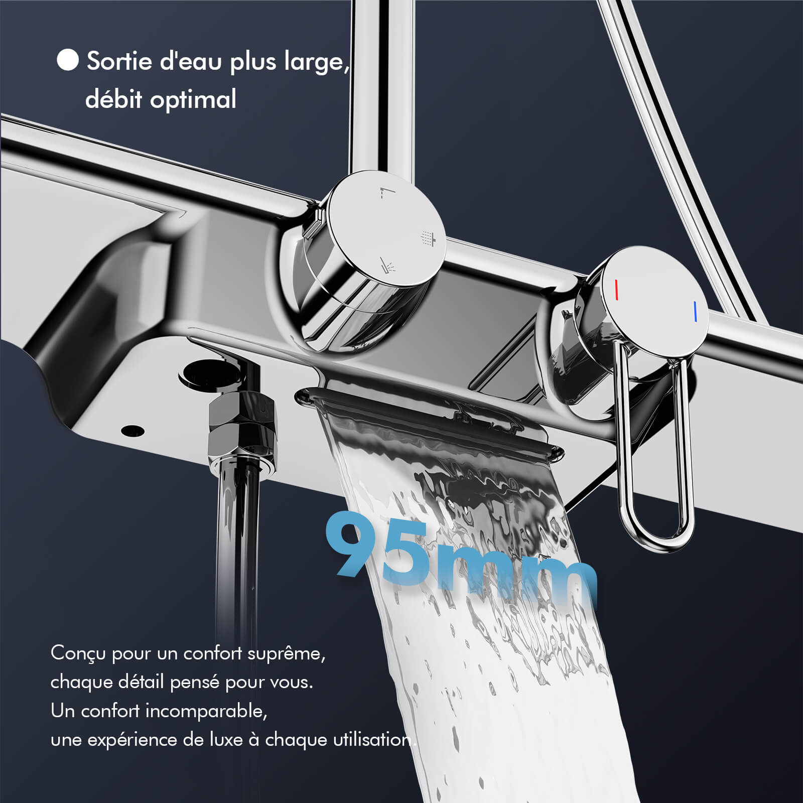 Colonne de douche complète avec étagère et douchette 5 modes effet pluie gris – Image 4