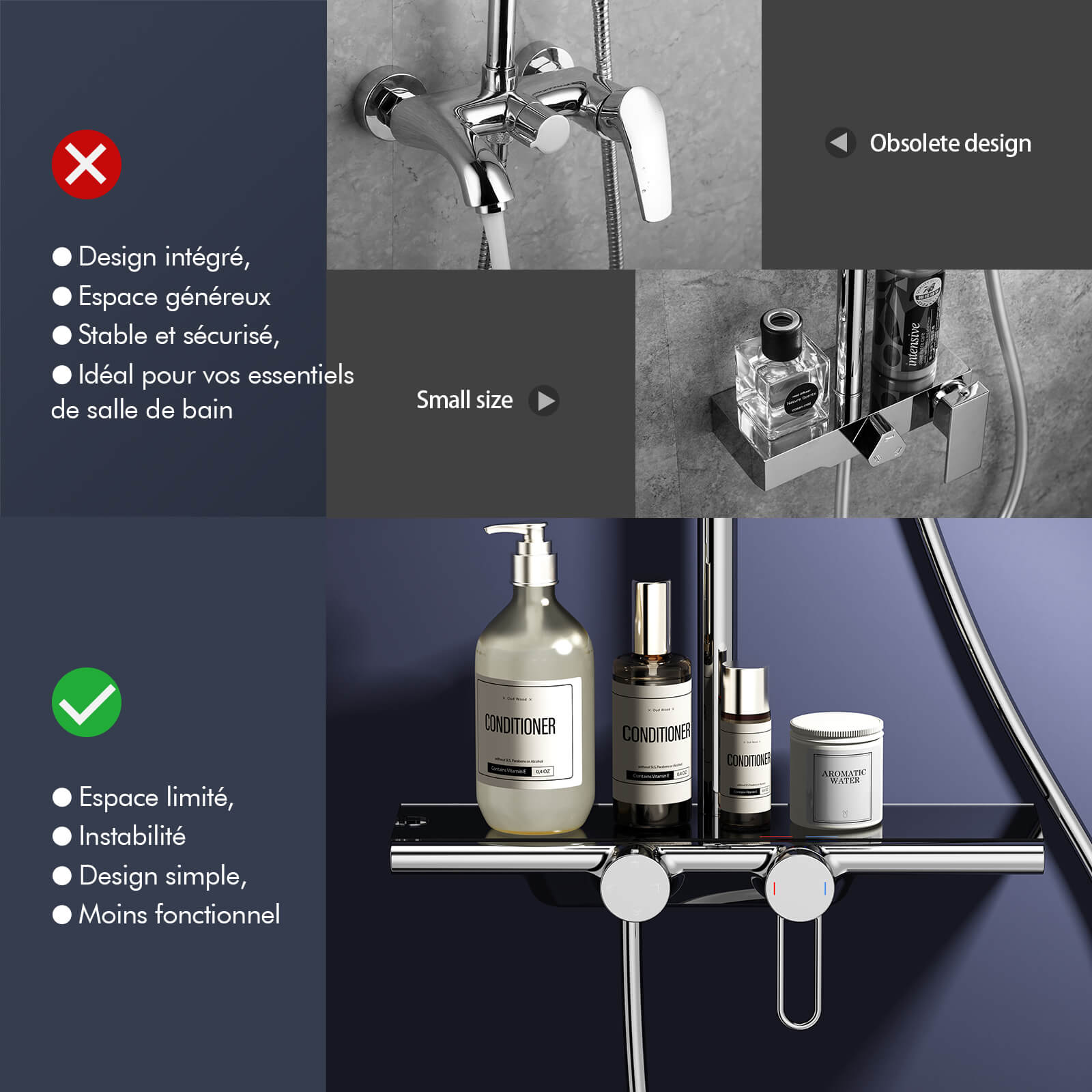 Colonne de douche complète avec étagère et douchette 5 modes effet pluie gris – Image 5
