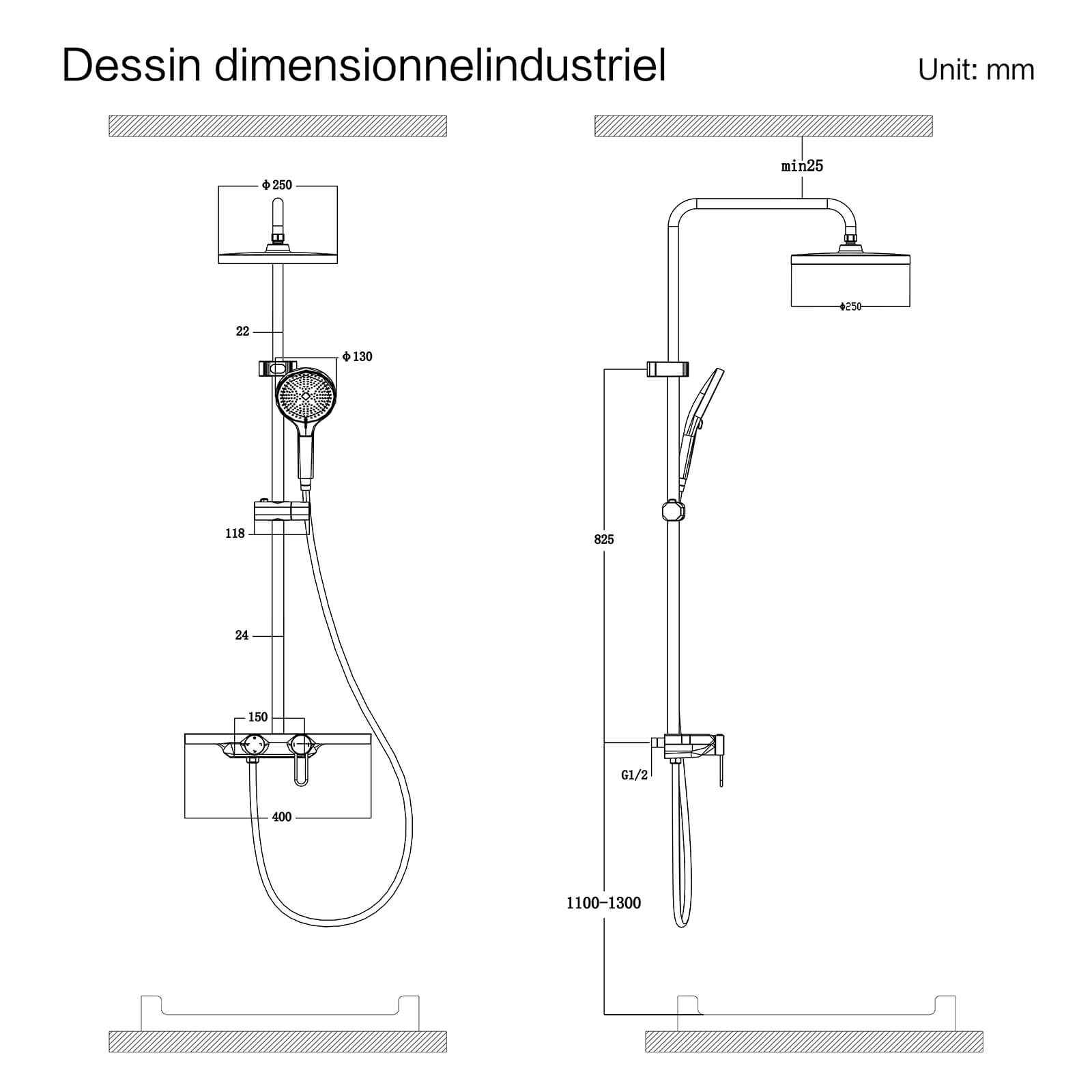 Colonne de douche complète avec étagère et douchette 5 modes effet pluie gris – Image 7
