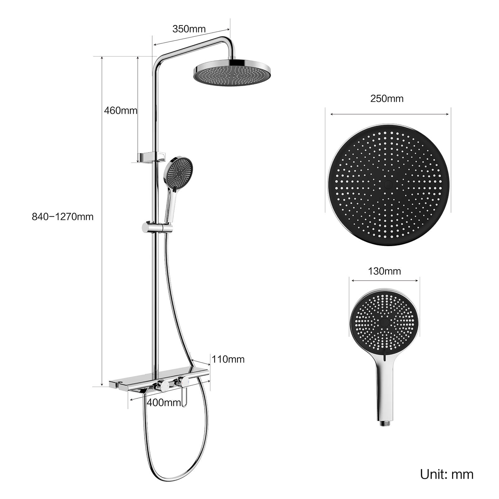 Colonne de douche complète avec étagère et douchette 5 modes effet pluie gris – Image 8