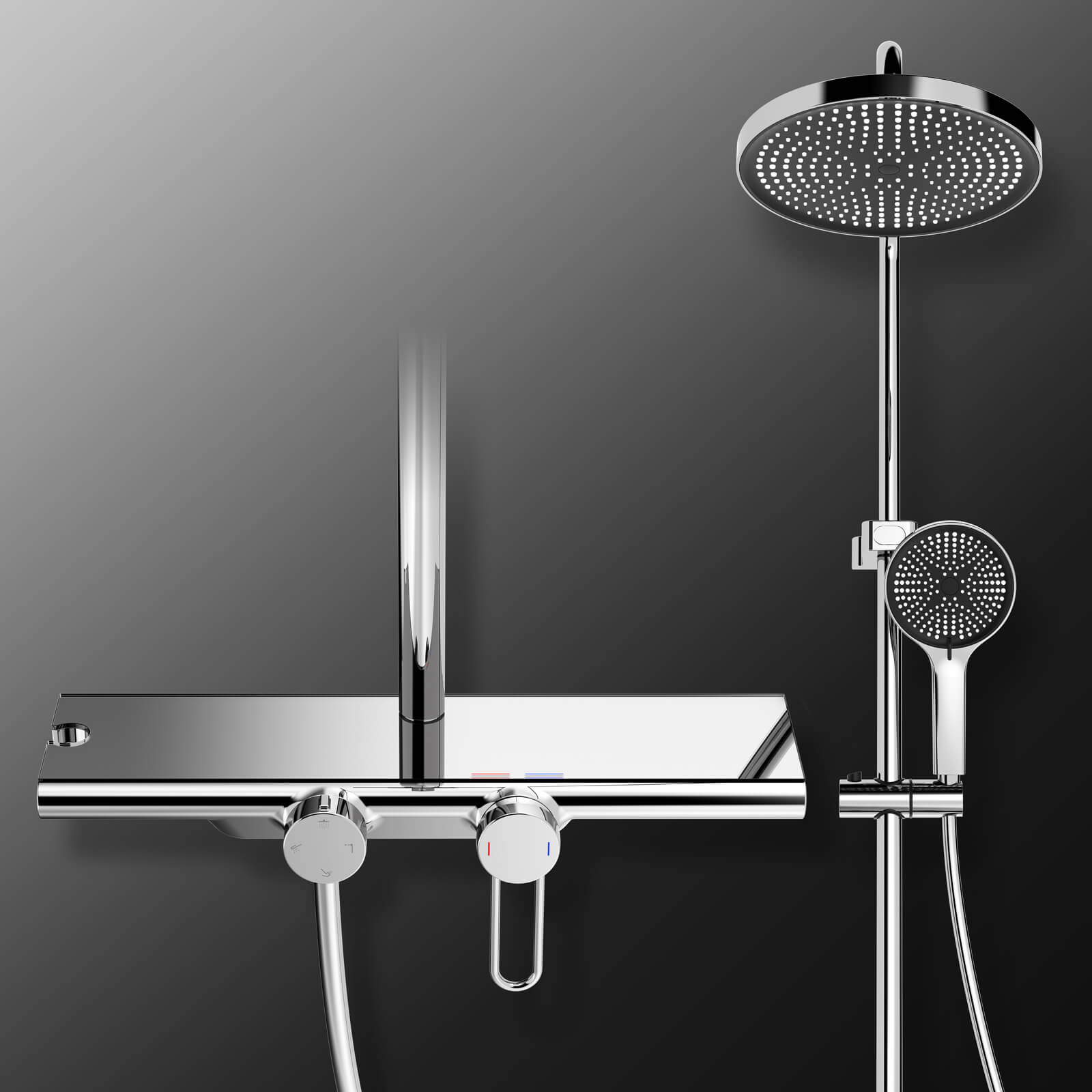 Colonne de douche complète avec étagère et douchette 5 modes effet pluie gris – Image 3