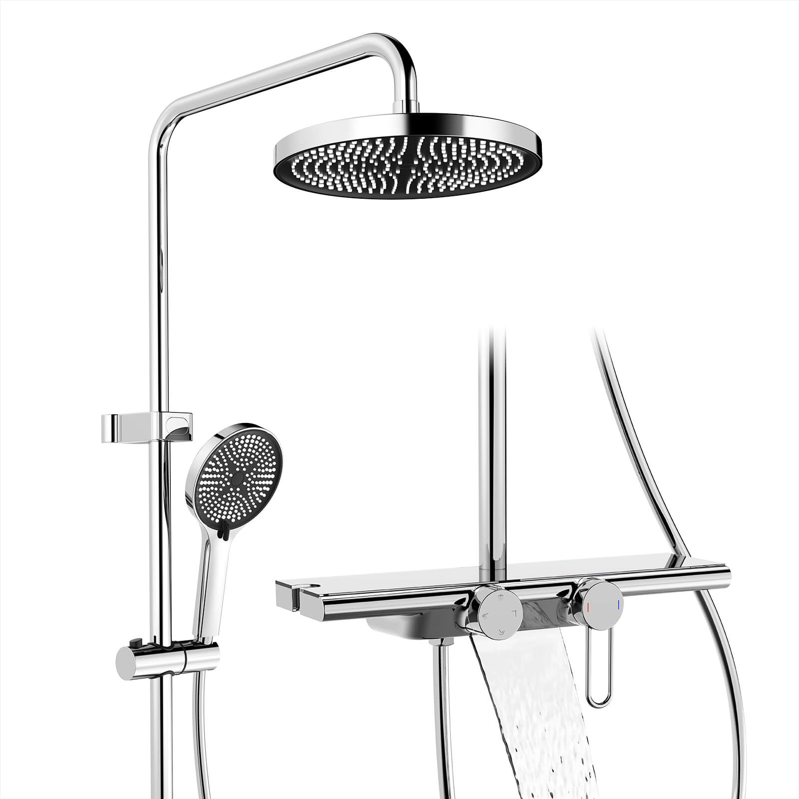 Colonne de douche complète avec étagère et douchette 5 modes effet pluie gris – Image 2