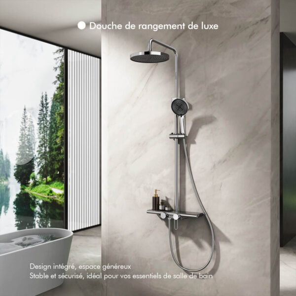 Colonne de douche complète avec étagère et douchette 5 modes effet pluie gris