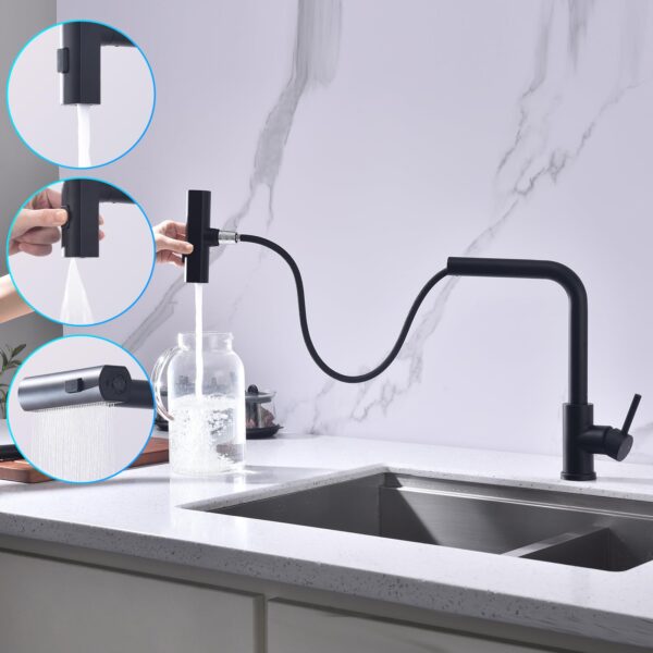 Robinet de cuisine noir extensible avec douchette 3 jets, mitigeur pivotant 360° en acier inoxydable