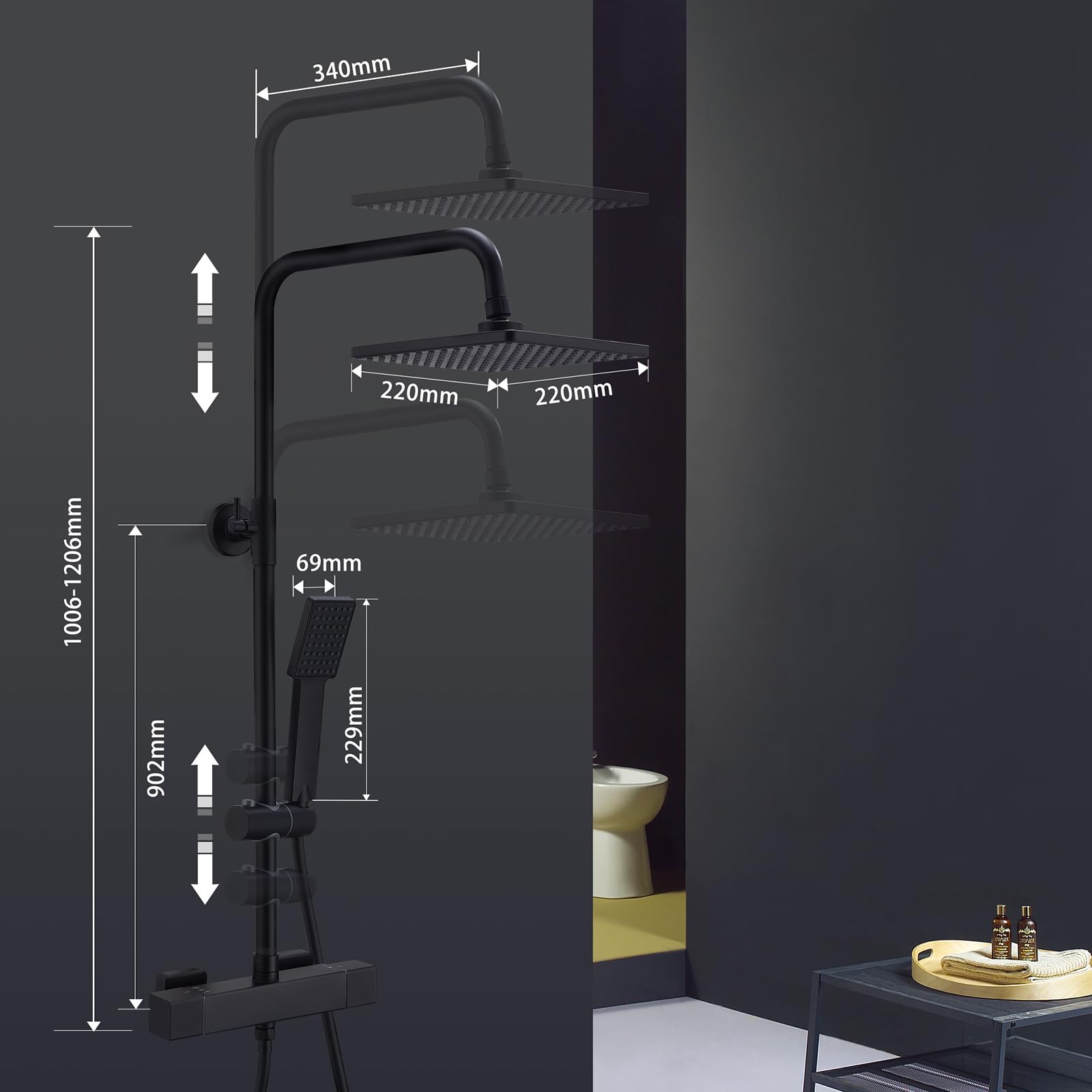 Colonne de douche thermostatique acier noir hauteur réglable – Image 8