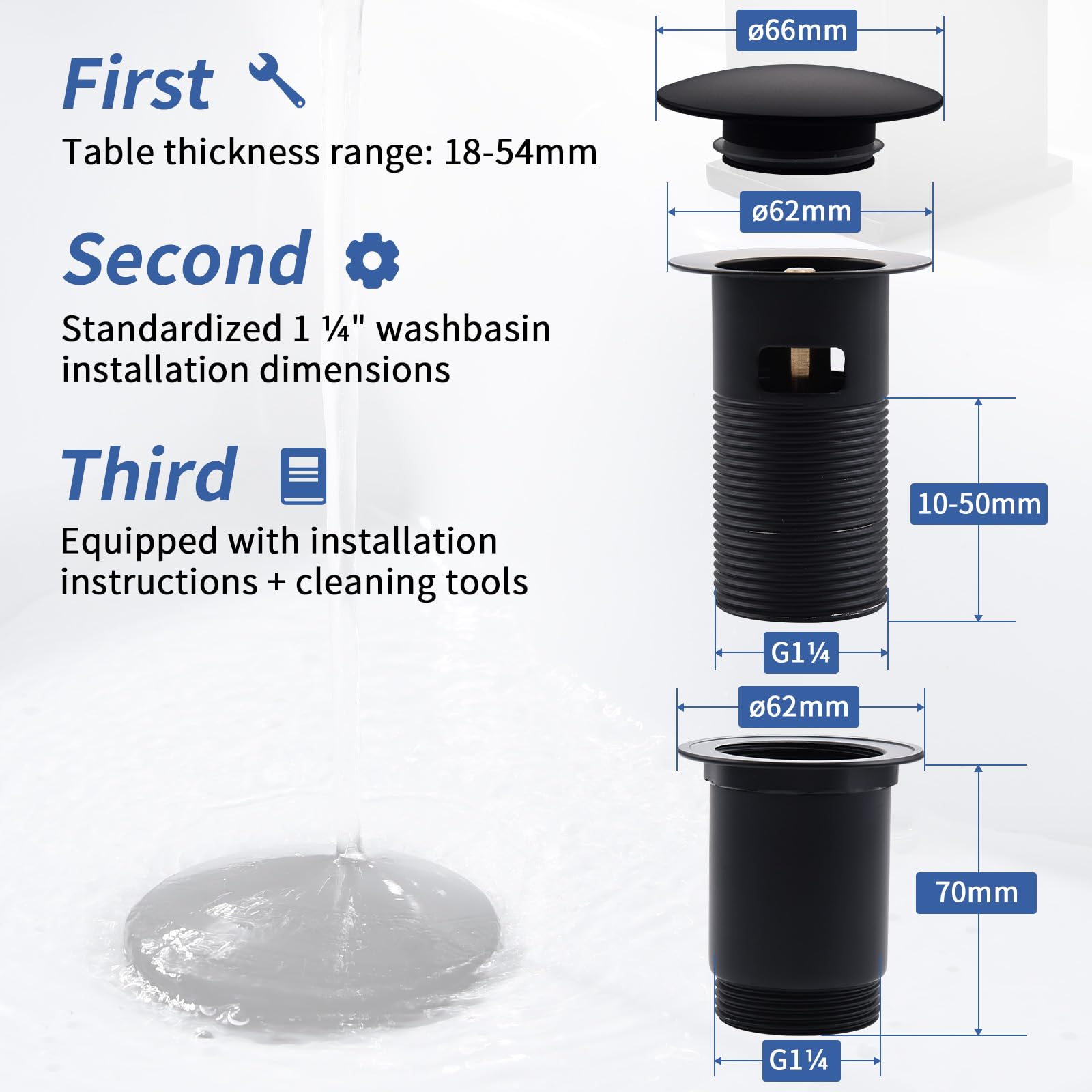 Ensemble de vidage noir mat avec trop-plein - Système universel en laiton pour lavabo et évier – Image 6