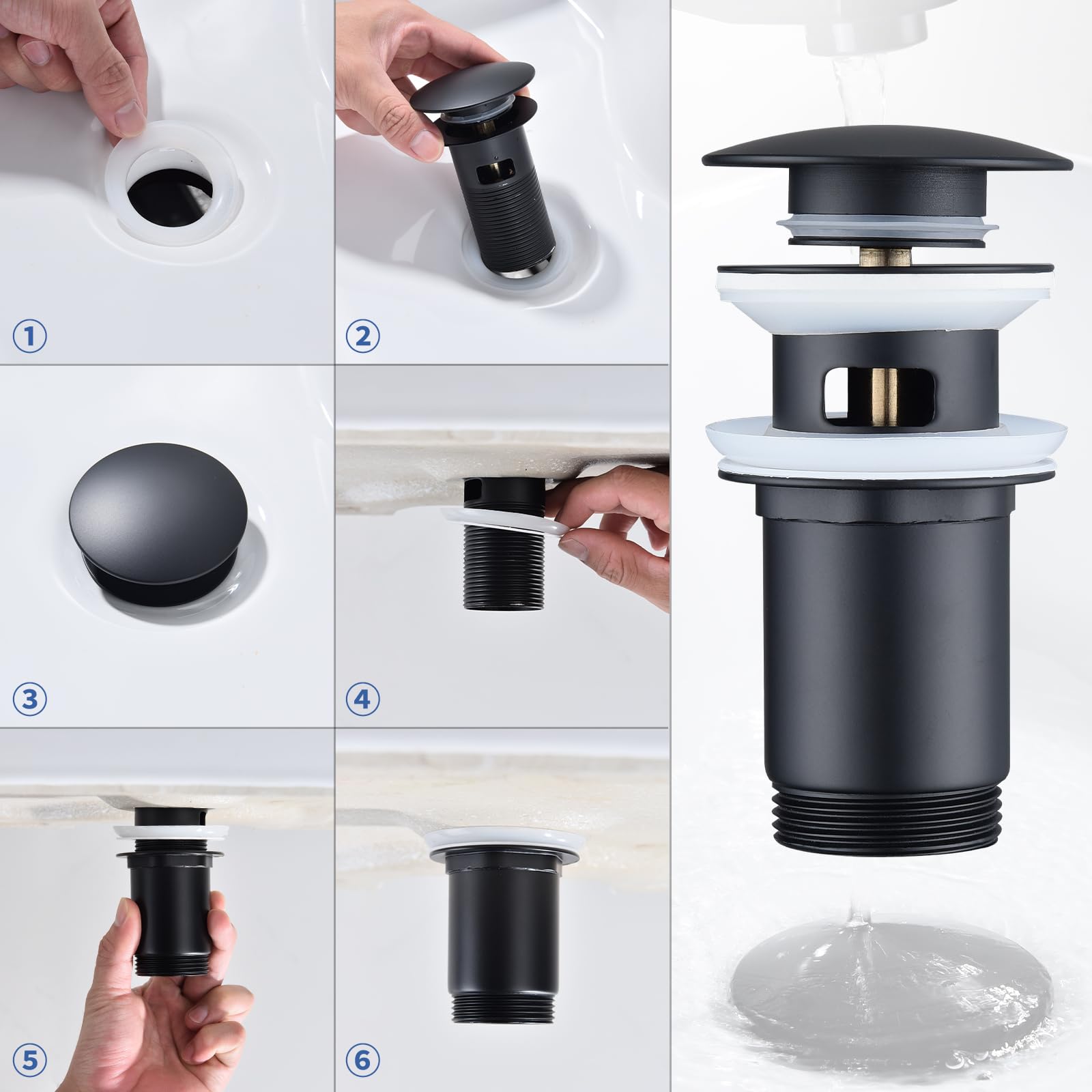 Ensemble de vidage noir mat avec trop-plein - Système universel en laiton pour lavabo et évier – Image 7