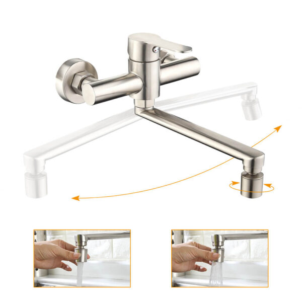 Mitigeur cuisine mural encastré bec orientable acier inoxydable pivotant 360°