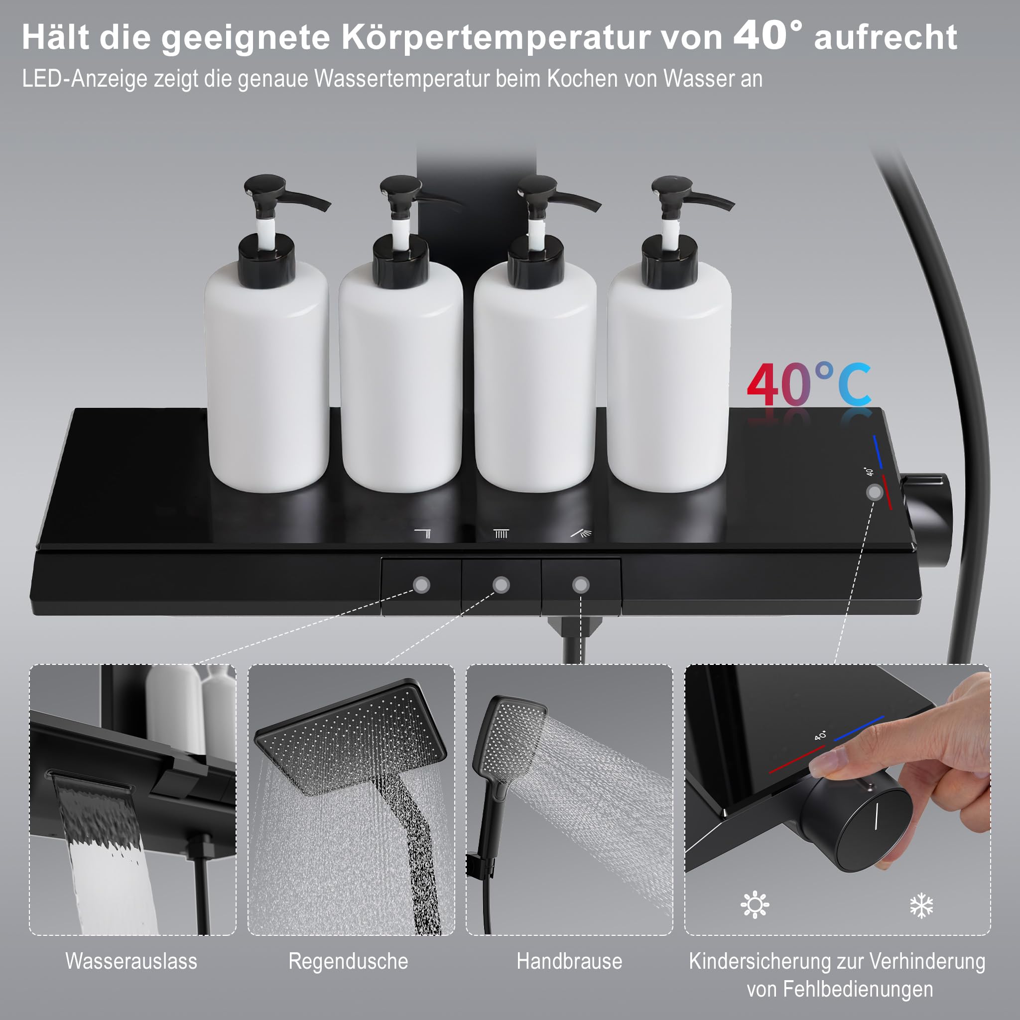 Système de douche thermostatique avec étagère en verre et douchette multijet – Image 3