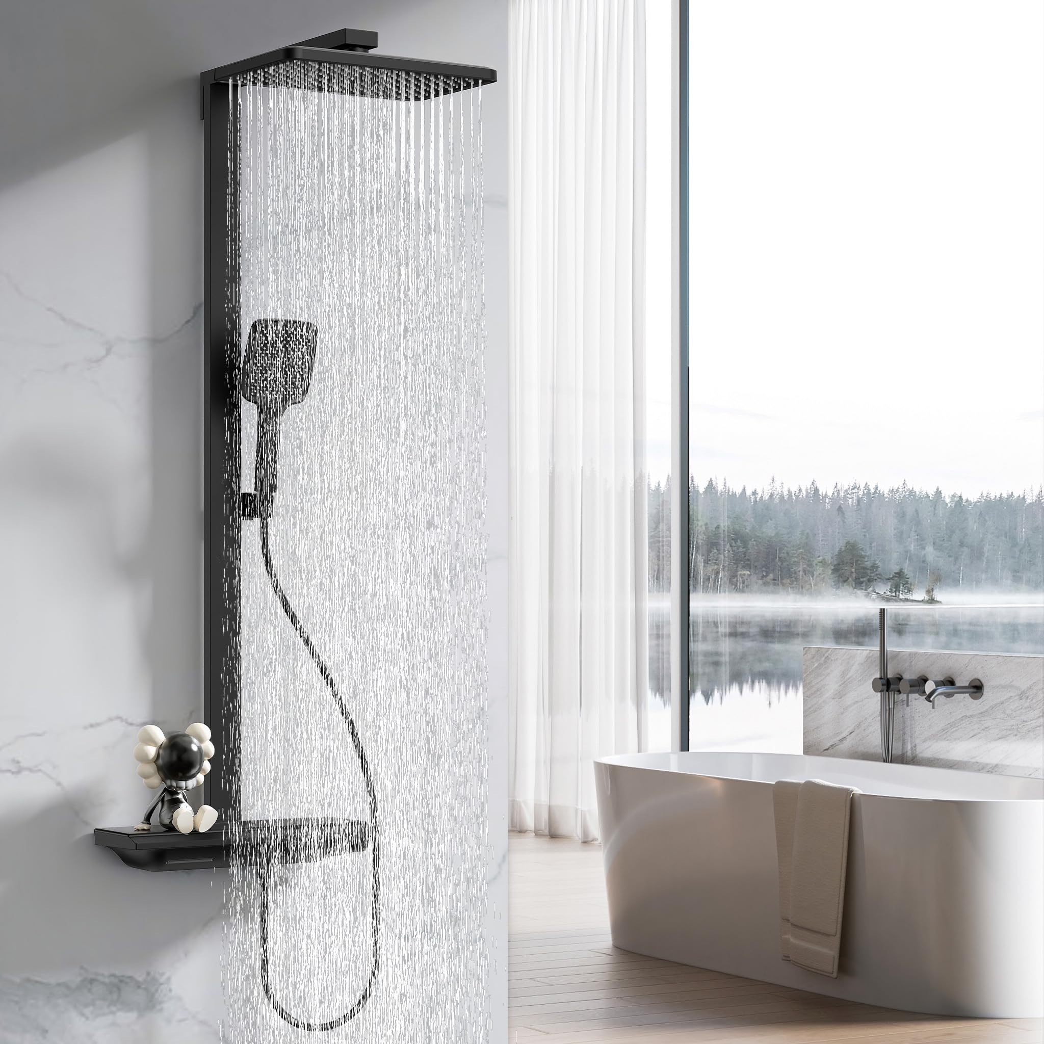 Système de douche thermostatique avec étagère en verre et douchette multijet